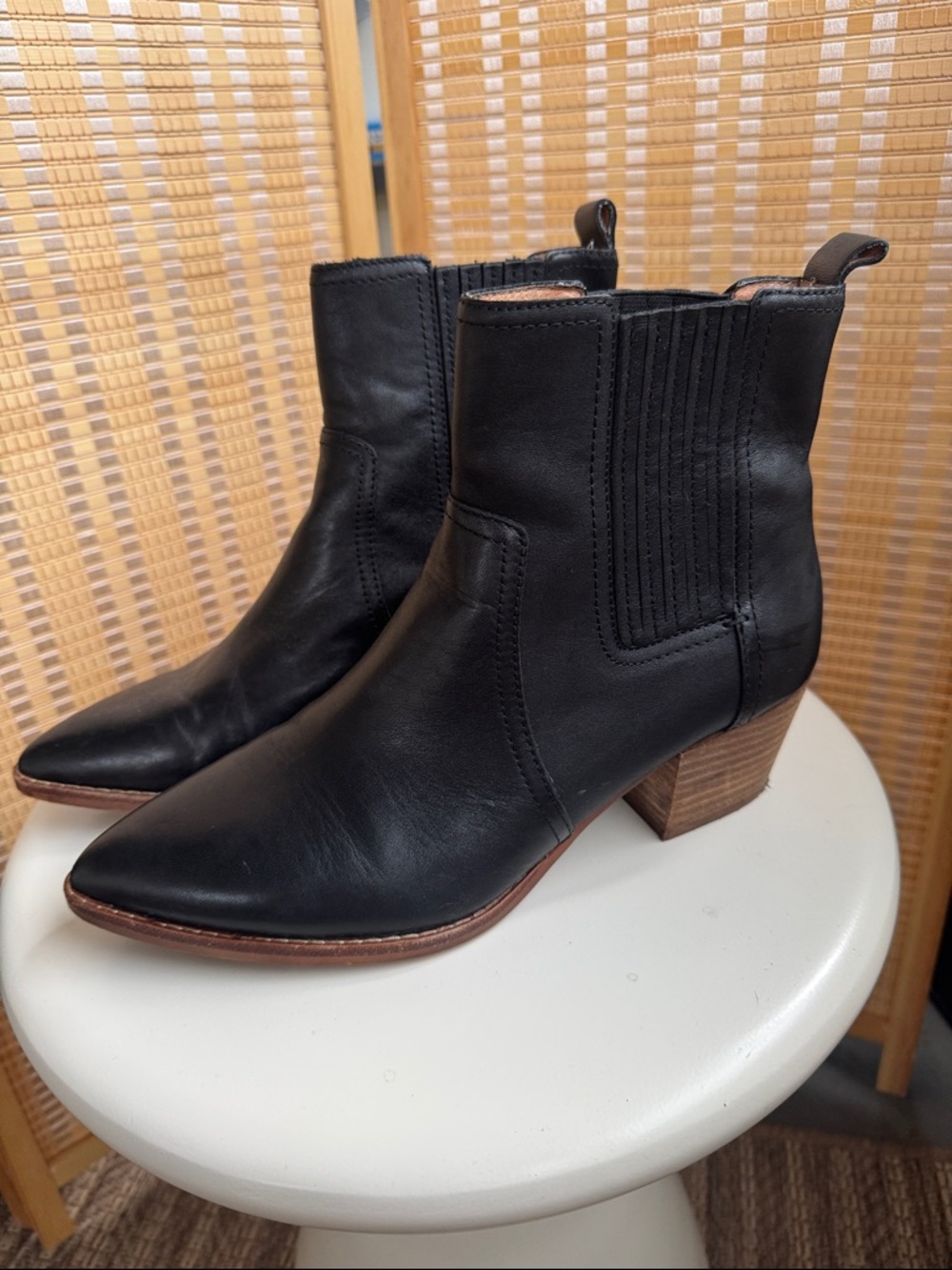 Madewell Black Leather Pointed Ankle Booties with Stacked Heel
